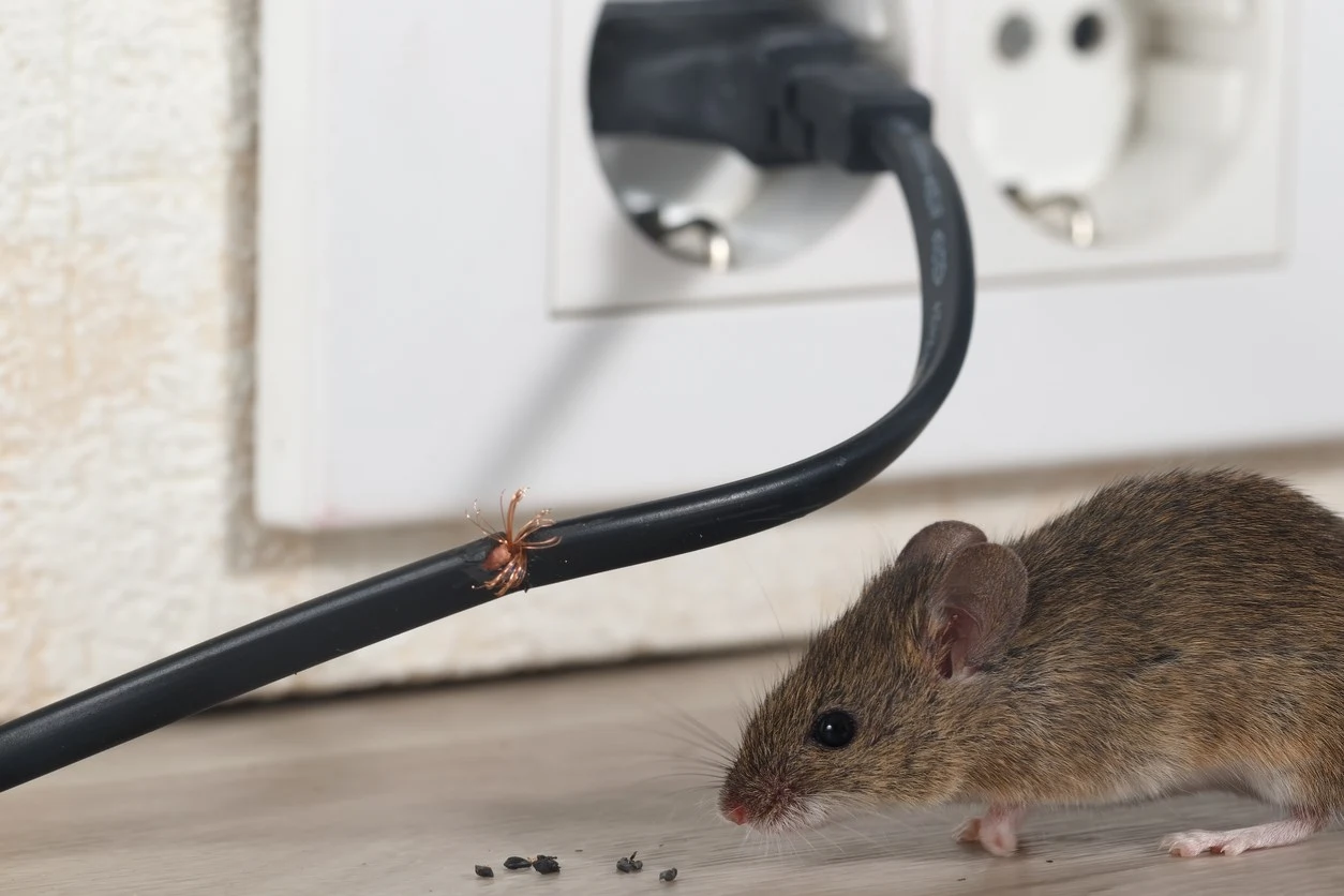 A mouse chews the rubber around a power cable.