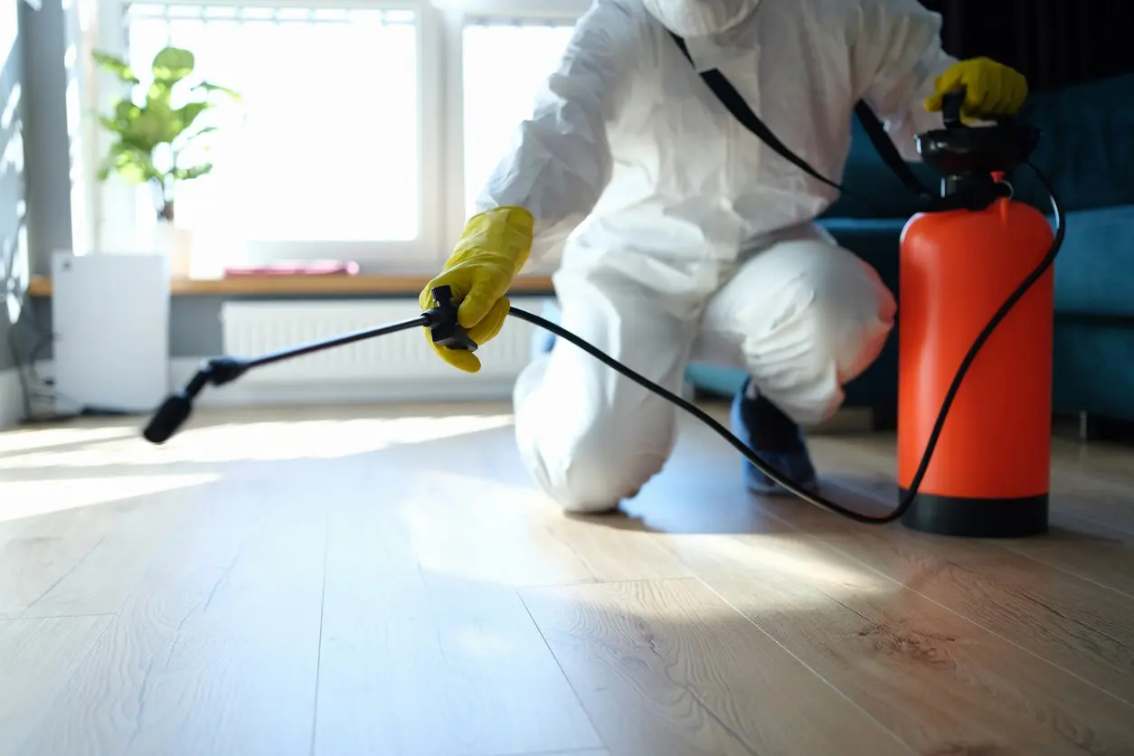 A pest technician spraying a residential area with pest control.